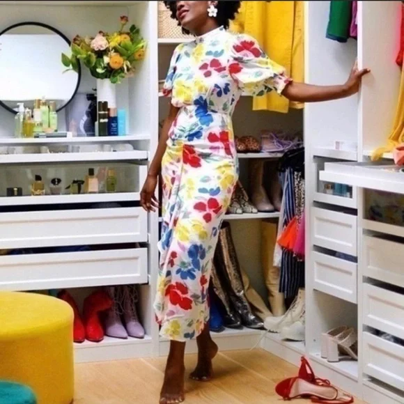 Rixo white Floral multicolored Mock Neck Cascade Ruffle Dress short sleeves sz 6 - Picture 5 of 16